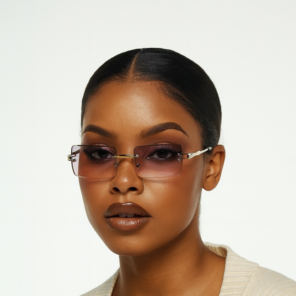 Rimless Gradient Purple Pink Rectangle Sunglasses… - image 2